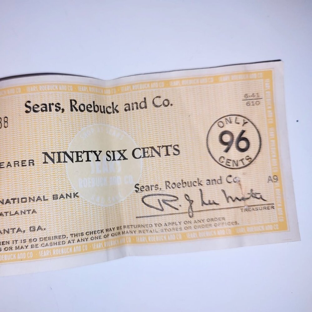 Vintage Sears, Roebuck and Co. Only 96 Cents Check-AS IS